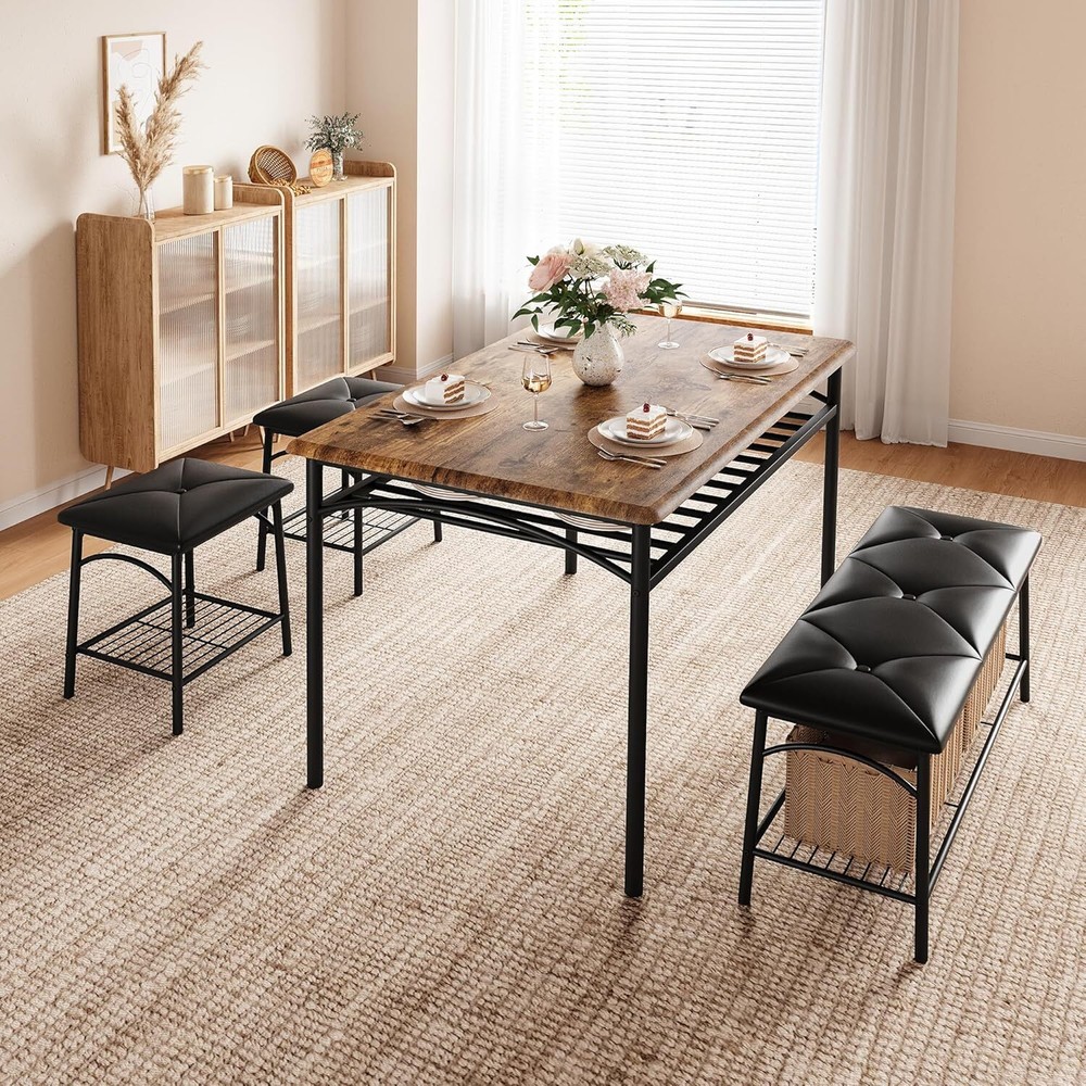 Wooden Dining Table Set for 4 Kitchen Table Set with Bench and Stools & Storage