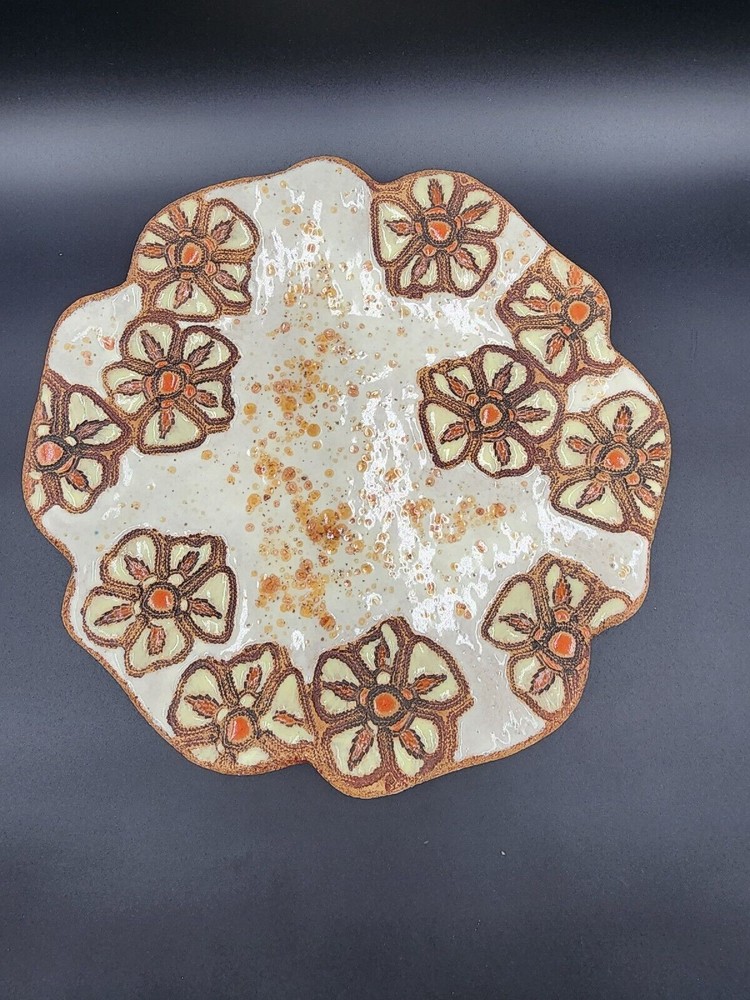 Large Heavy Handmade Art pottery platter 14 1/2” Flower Signed
