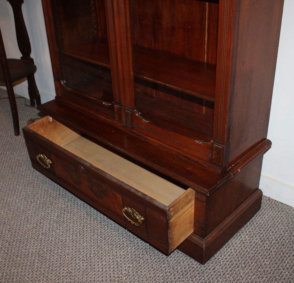 Antique Victorian Walnut Step Back Bookcase – Two Glass Doors