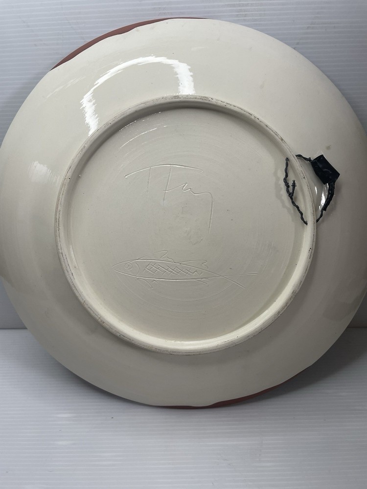 Southwestern Pottery Platter Black White Rust Barbed Spike Design Signed W/ Fish