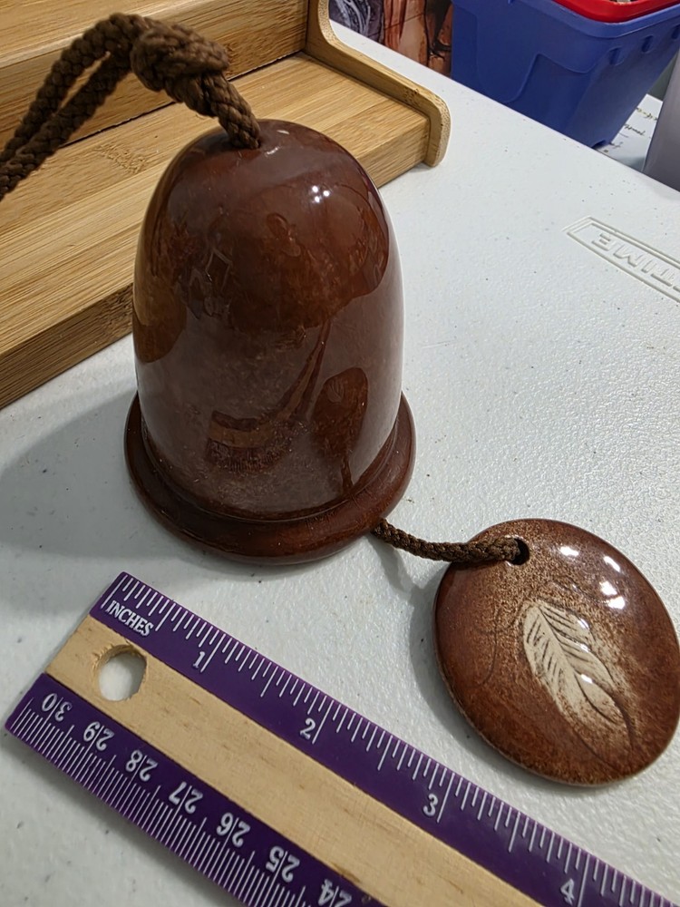 Handmade Ceramic Bell Wind Chime Feather Design Brown Pottery Art Boho Garden