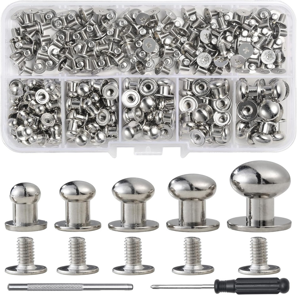120 Sets Round Head Button Stud Assorted Sizes Button Screw Stud for Leather Chi
