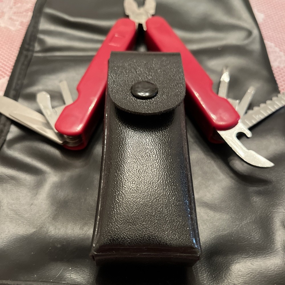 Multi Tool 8 Blade Pocket Knife Red Handle Black Sheath NIB