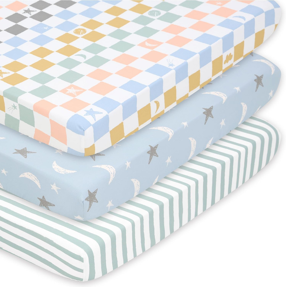 3 Pack and Play Mattress Sheets, Celestial Mini Crib Sheets Fitted, Pack N Play
