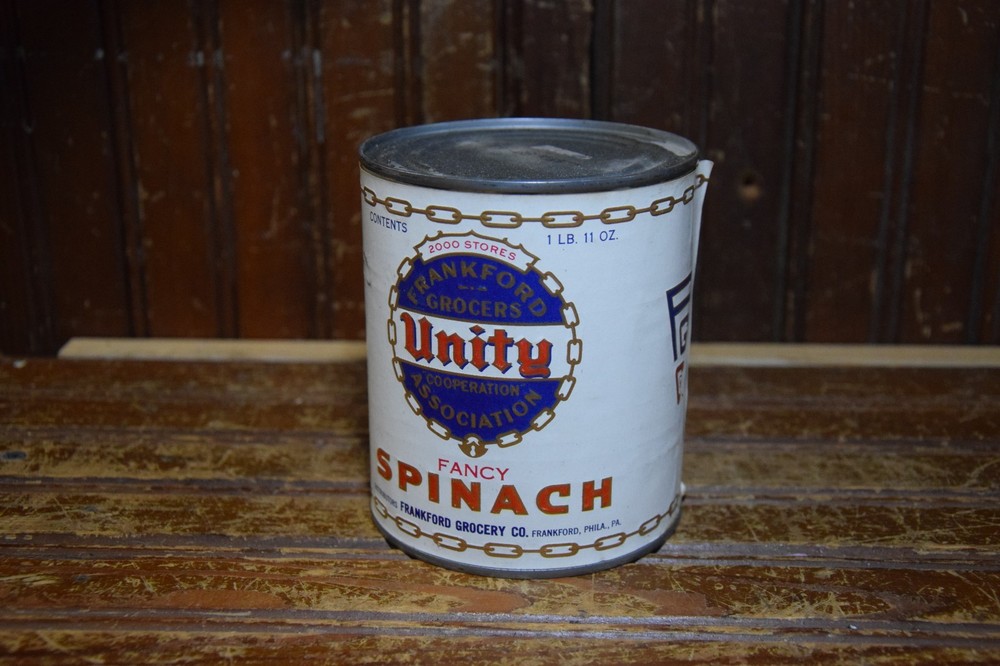 UNITY SPINACH FRANKFORD GROCERY STORES EMPTY TIN CAN SIGN KITCHEN HOME DECOR
