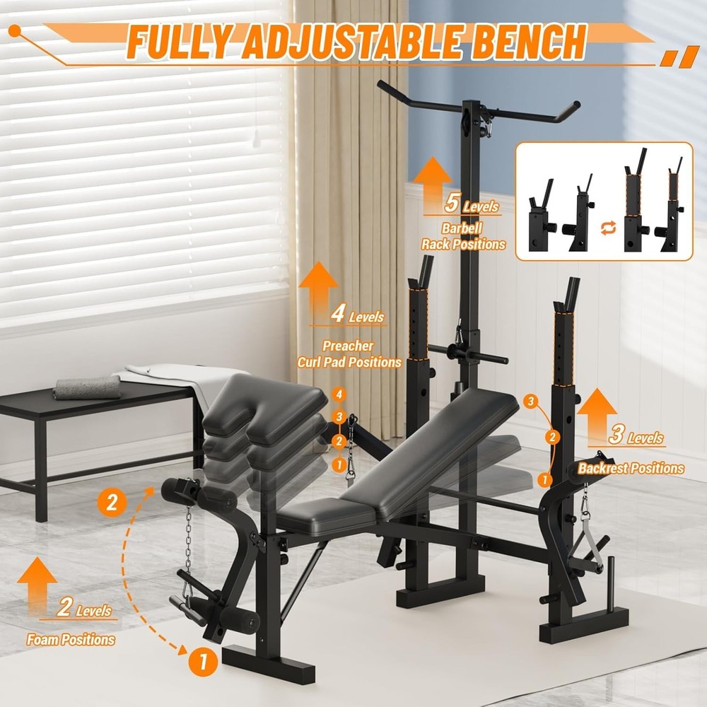 Adjustable Bench Press Station Weight Bench Home w/ Leg Extension & LAT Pulldown