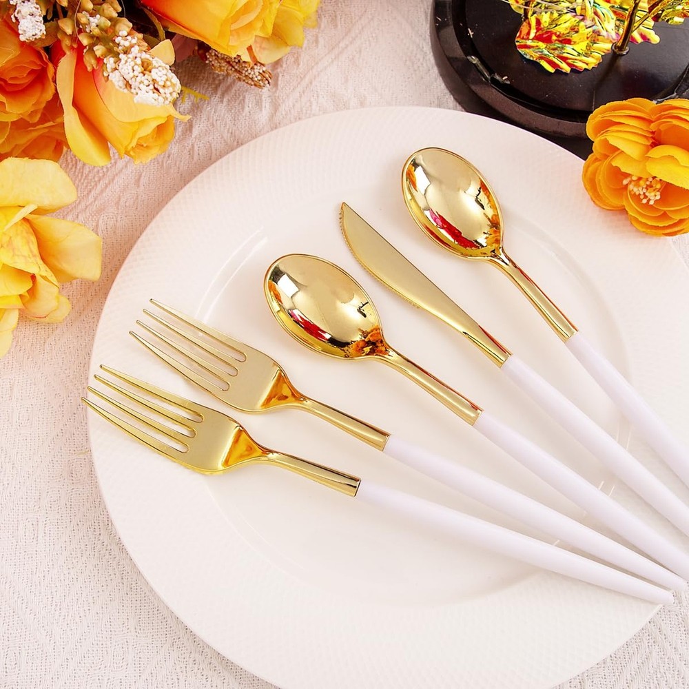Rubtlamp 96 Pcs Gold Plastic Silverware, Gold Plastic Utensils with White Han...