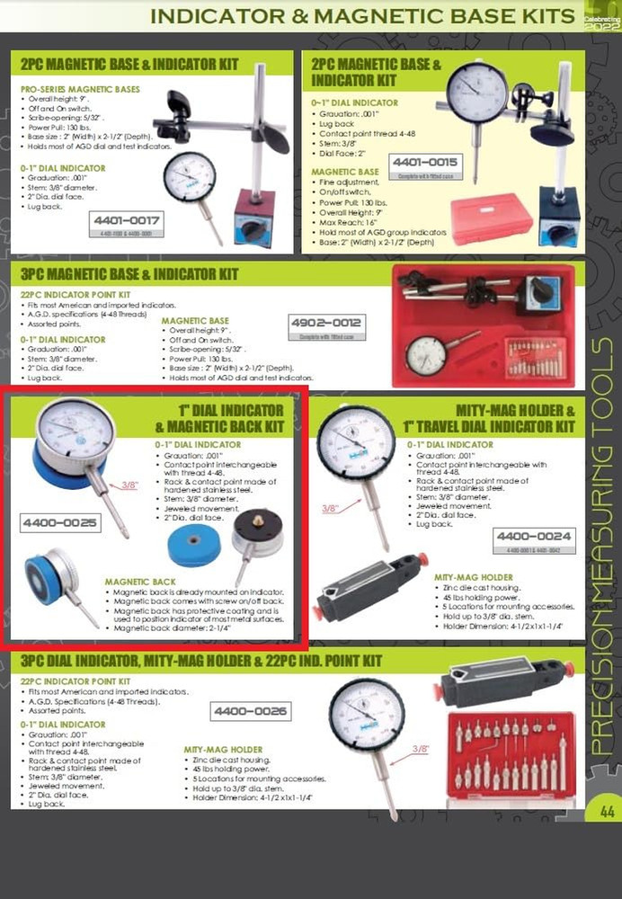 4400-0025 1" Dial Indicator and Magnetic Back Set