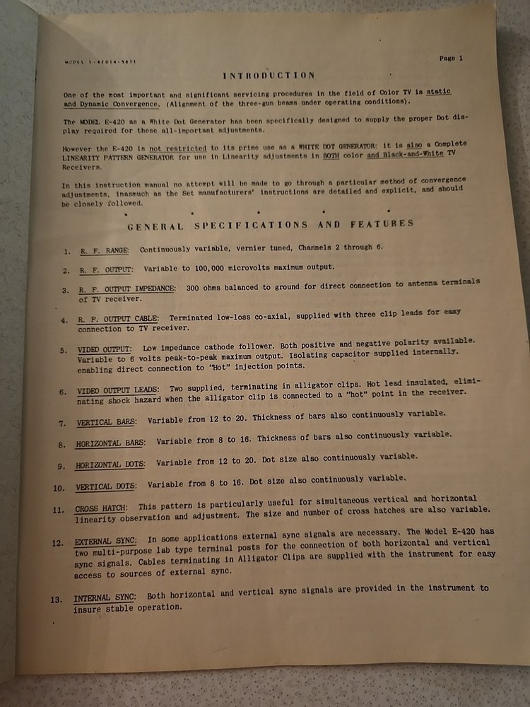 Precision Model E-420 White Dot And Bar Generator Operating Instructions