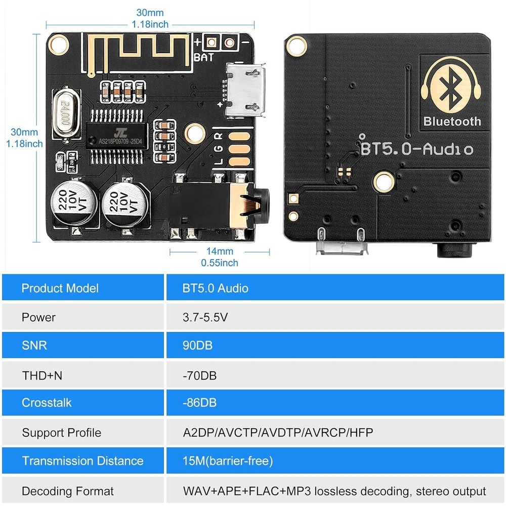 Stereo Bluetooth Amplifier Boards - 5V DIY Receiver with USB & Battery Power