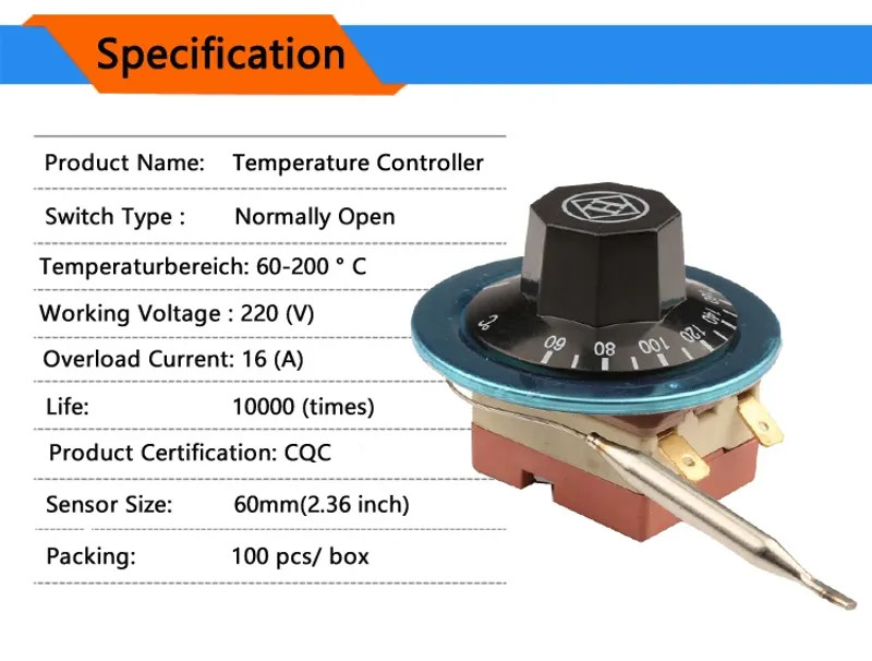 2-Pin Capillary Thermostat 60-200°C Adjustable Temperature Control Oven Fridge
