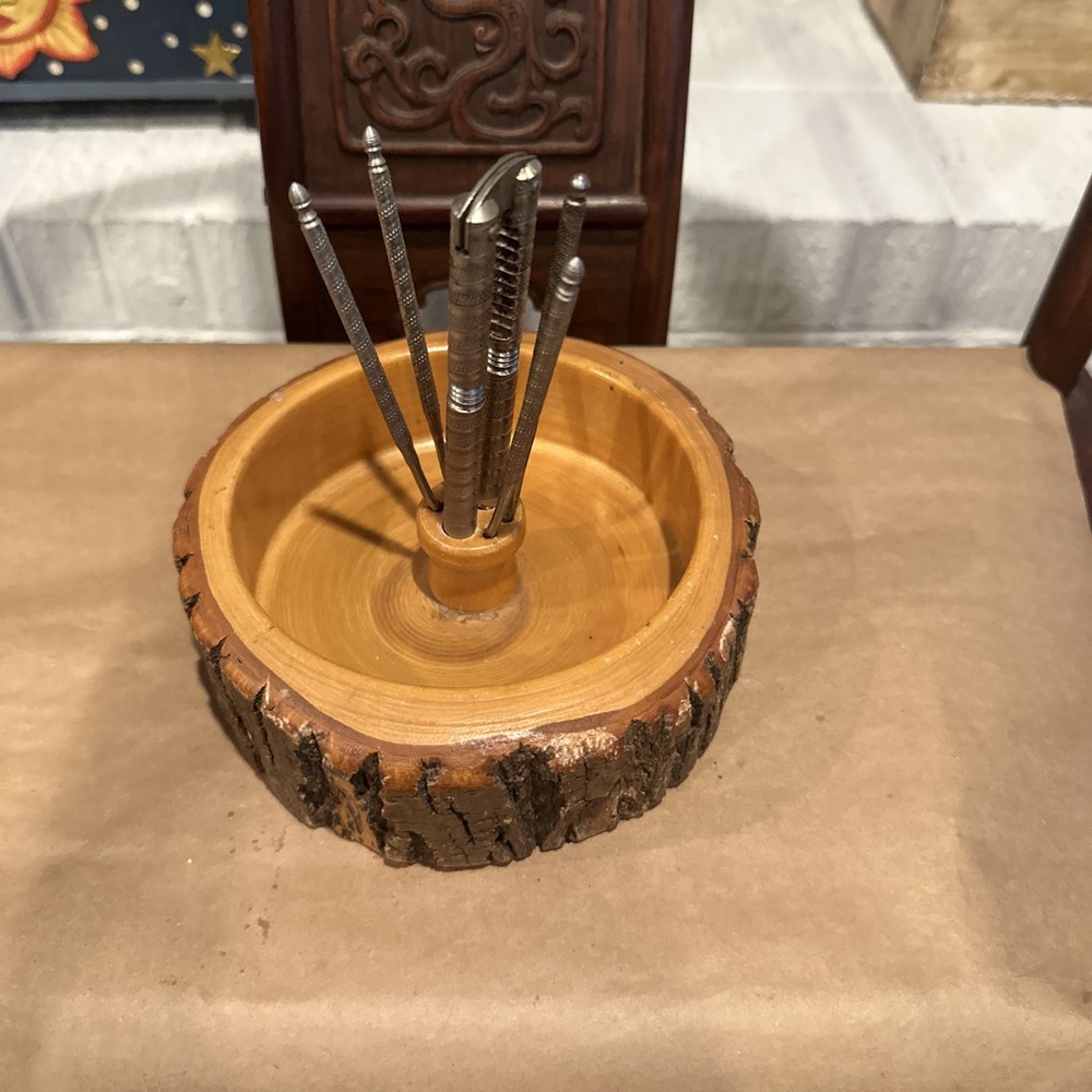 Vintage Nut Bowl Rustic Edge Tree Bark Set with 1 Nutcracker & 4 Picks