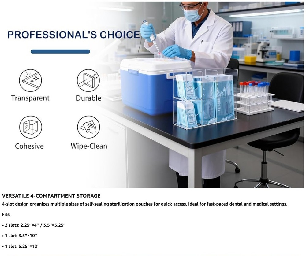 Sterilization Pouch Organizer –4-Compartment Acrylic Dispenser Holder,Wall Mount