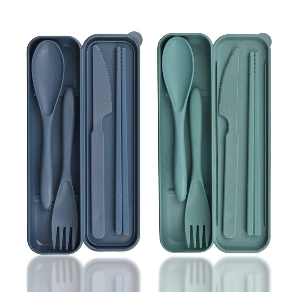 DIYJEP 2 Sets Plastic Reusable Utensils Set with Case Travel Chopsticks Fork ...