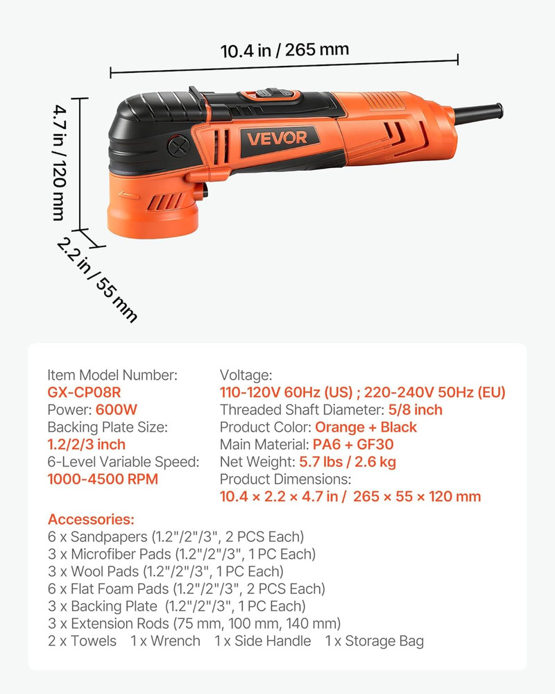 Car Buffer Polisher, 1.2"/2"/3" Rotary Polisher Buffer, 600W 6 Variable Speeds 1