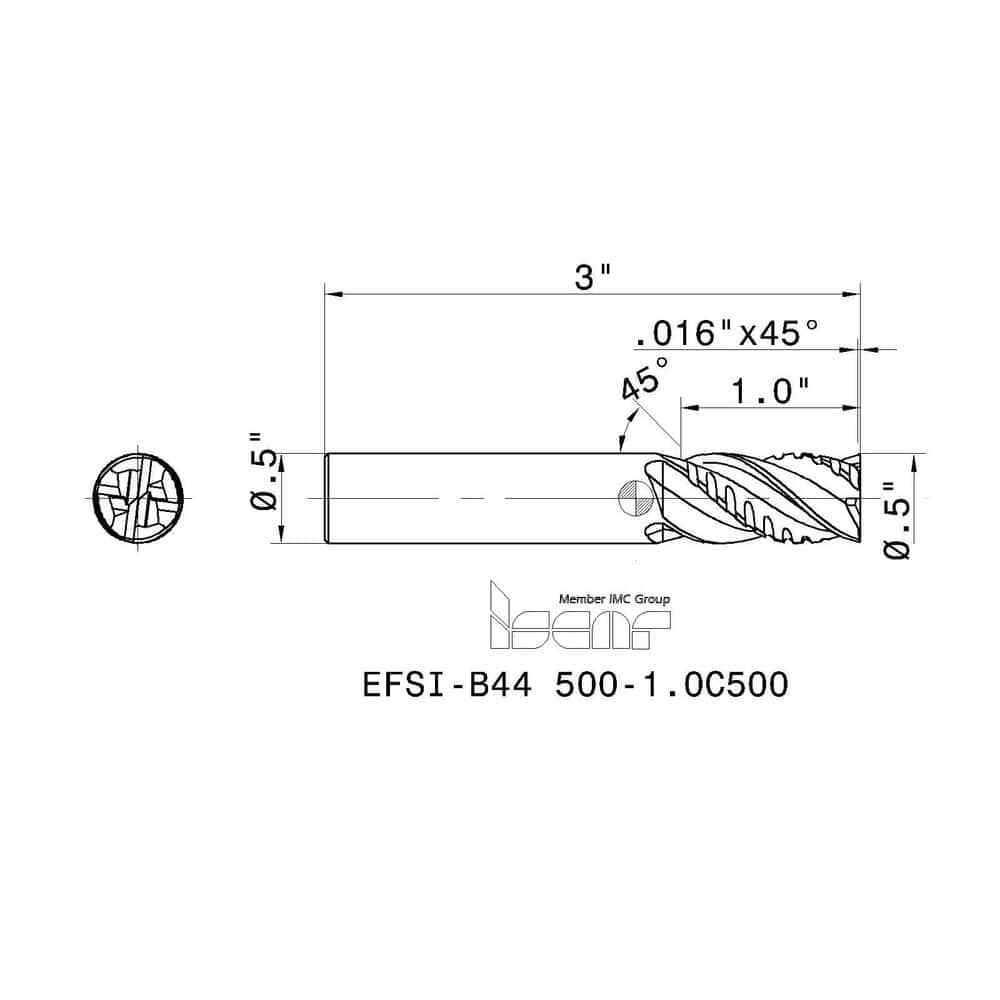 Iscar 1/2" Diam, 1" LOC, 4 Flute Solid Carbide Roughing & Finishing Corner Ch...