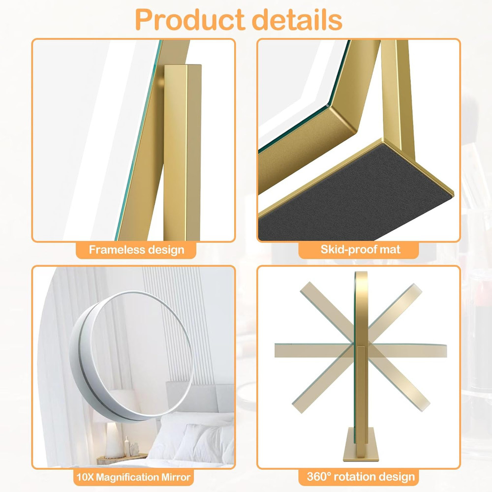 LED Arched Makeup Vanity Mirror with 10X Magnification and Smart Touch, Gold