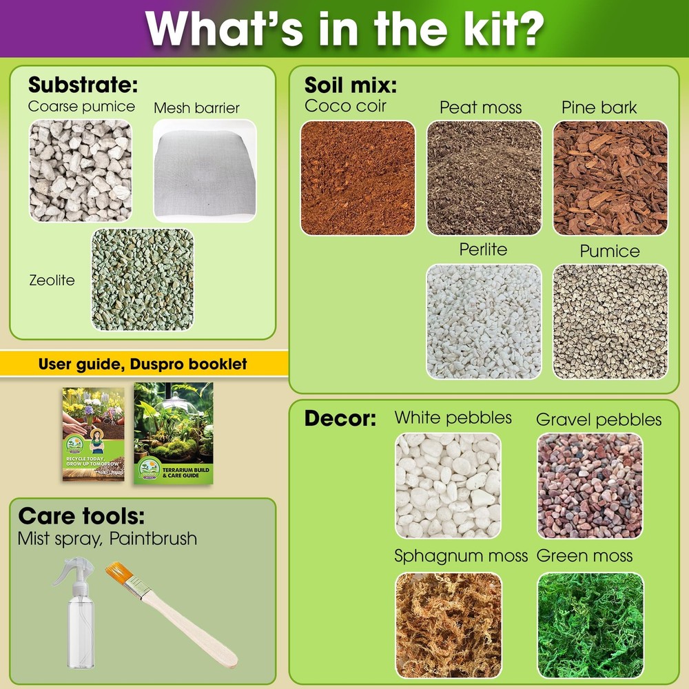 DUSPRO Recycle Terrarium Kit, Include Potting Soil, Pumice, Medium, Soil