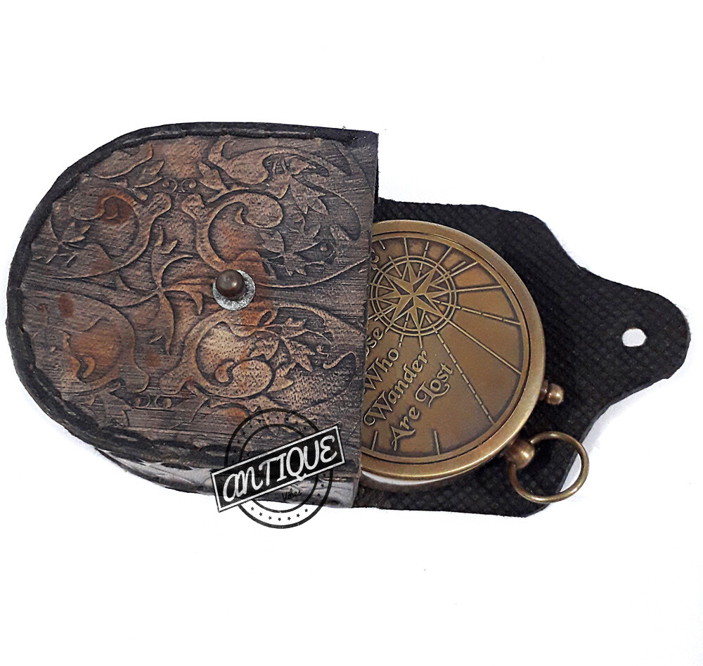 POEM BRASS COMPAS ENGRAVED WORKING NAUTICAL COMPASSES WITH CASE GENUINE LEATHER