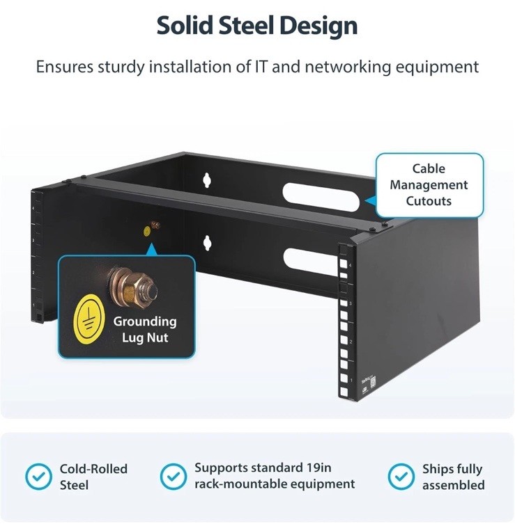 4U Wall Mount Rack - Cold-Rolled Steel, 44lbs Capacity, Cable Managed