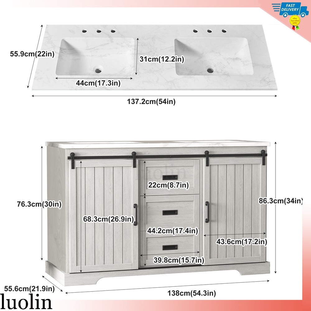 54" Bathroom Vanity Storage with Ceramic Double Sink Combo Marble Countertop