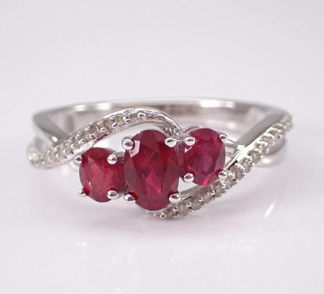 2.30Ct Oval Cut Lab-Created Ruby Three Stone Engagement Ring White Gold Plated