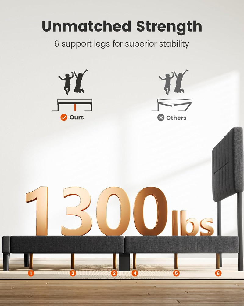 Amada Queen Bed Frame with 12 Thickened Legs & Adjustable Fabric Upholstered Hea