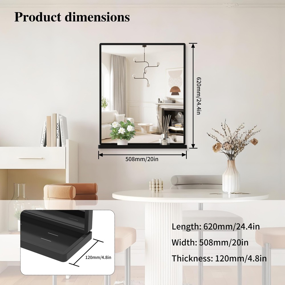 Bathroom Mirror with Shelf, Black Rectangle Wall Mirror Metal Frame, Hanging ...