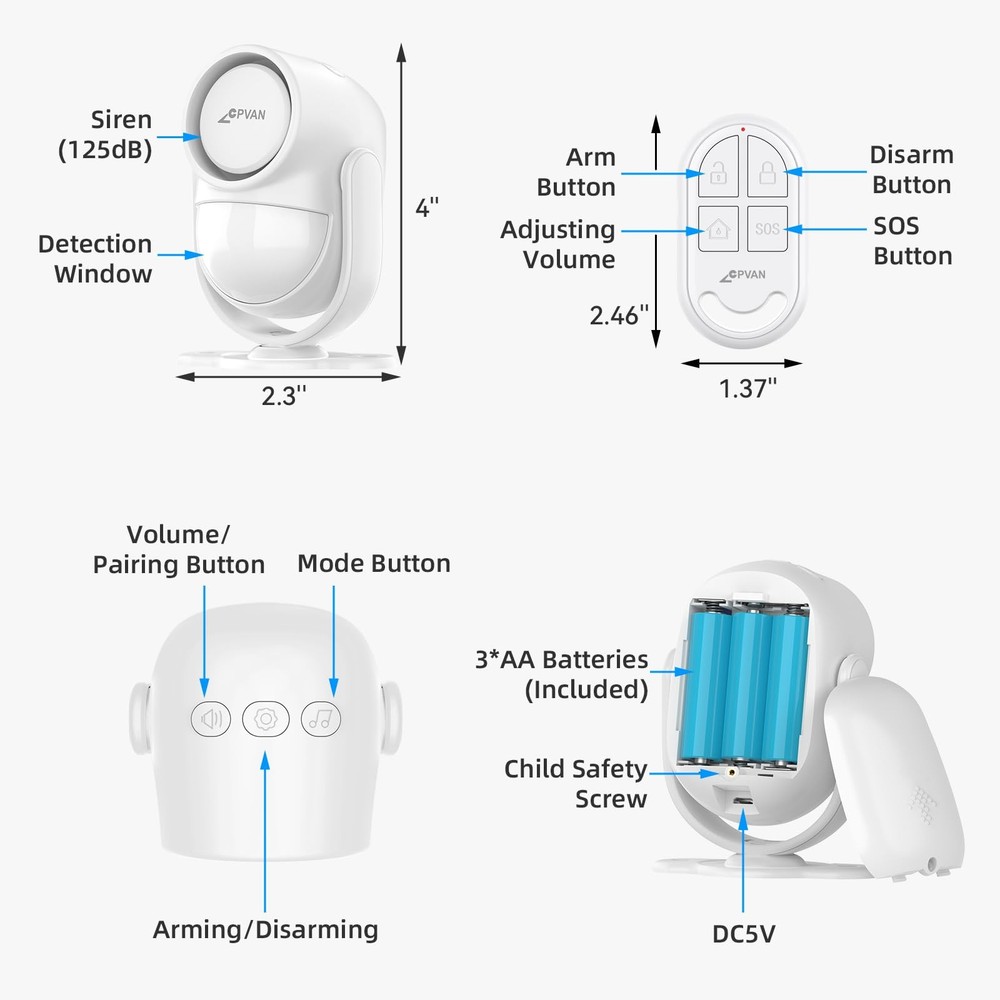 125dB Loud Motion Sensor Alarm with 328ft Remote Control (40ft PIR Detector