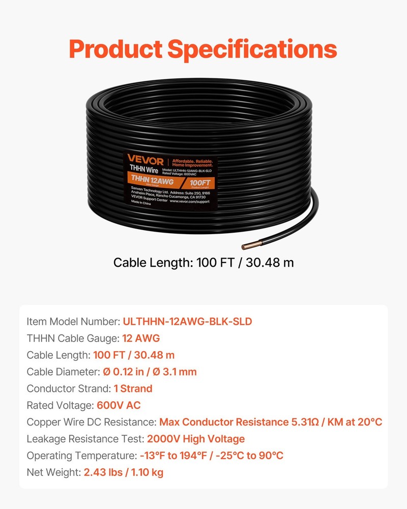 12 AWG Solid THHN Wire 100% OFC Copper Electrical Building Wire Nylon Jack
