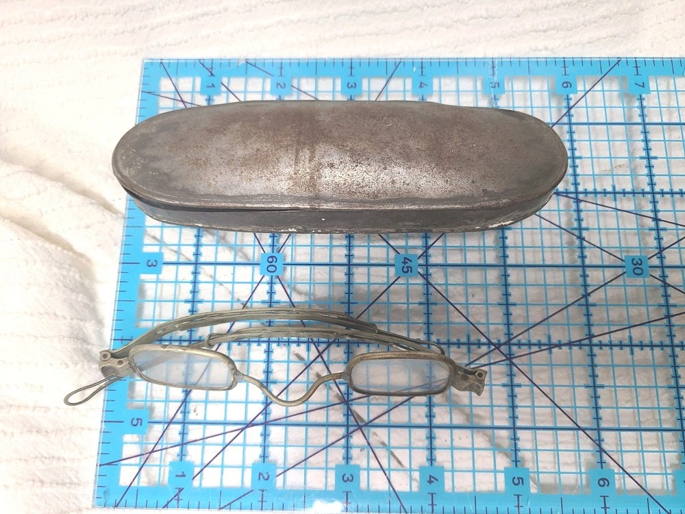 Antique 1800s Eyeglasses w Case Rectangular Small Lens Telescoping Arm Ooak Rare