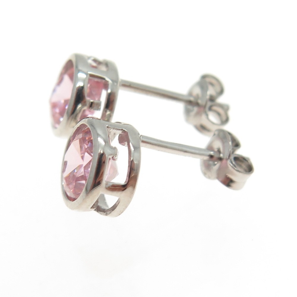 925 Sterling Silver Round-Cut Pink C Z Stud Earrings