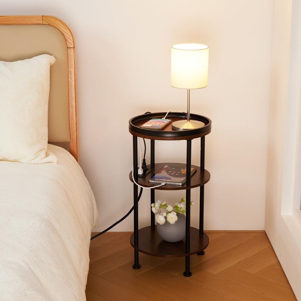 Round Side Table W/ Charging Station Small Spaces 3-Tier Accent Table Durable