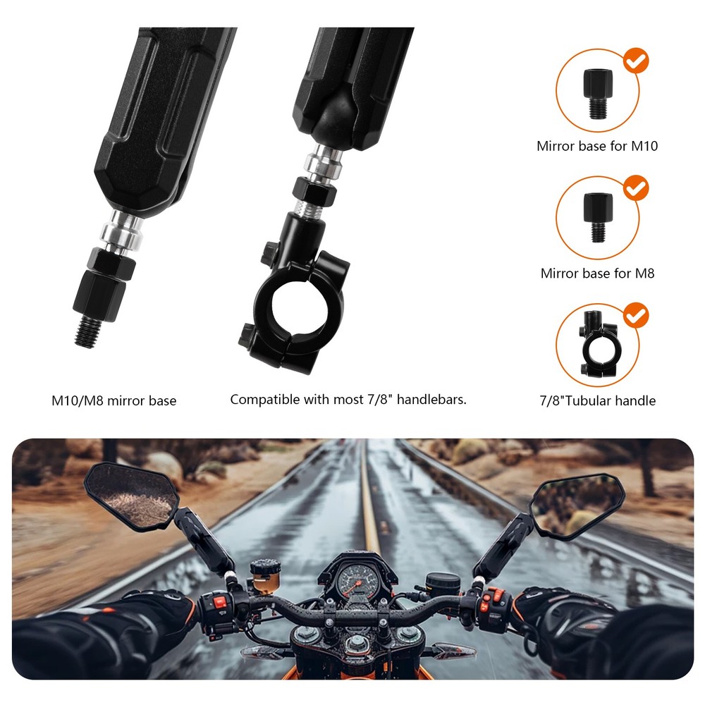 Universal 10mm 8mm Adventure Motorcycle Mirrors 360Degrees Adjustable Side Black