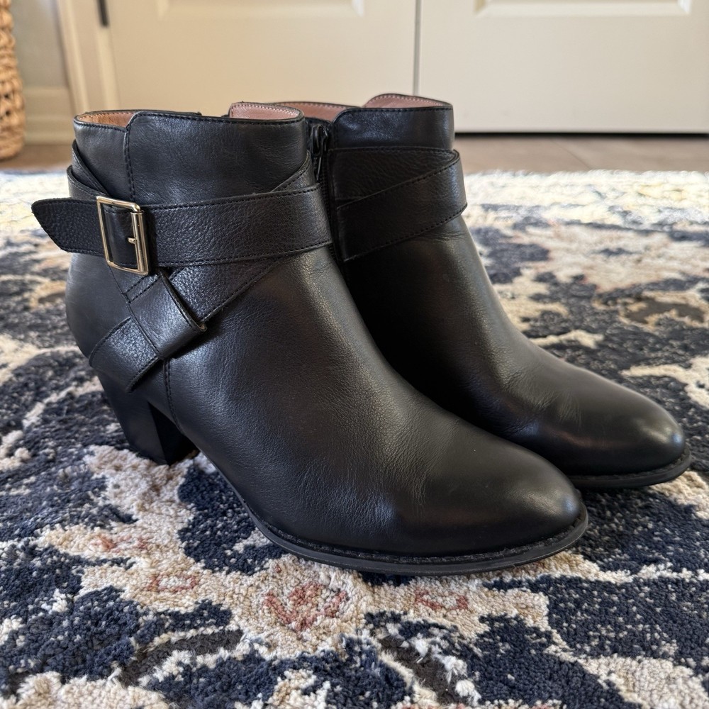 Vionic Trinity Black Leather Ankle Boots 9.5 Block Heel Buckle Booties