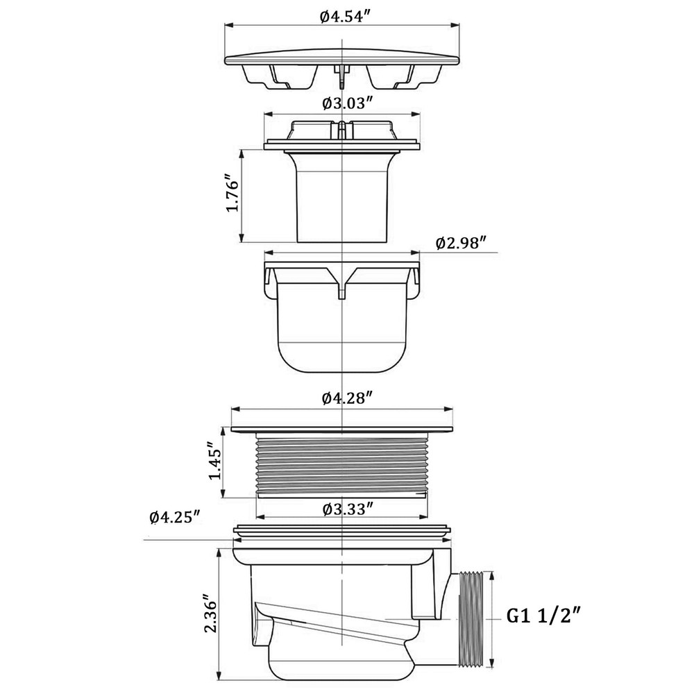 Low Profile Shower Drain, 1.5" Side Outlet Drain Assembly with White