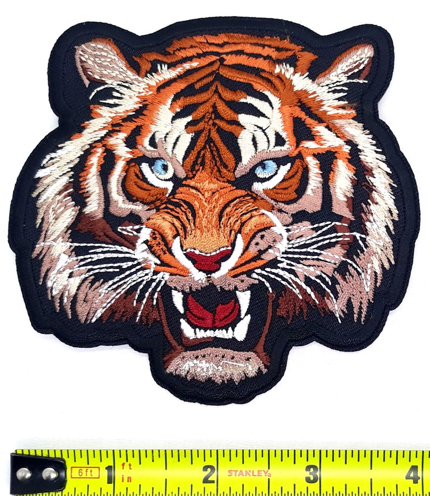 Tiger With Blue Eyes Iron On Embroidered Patch 4"x4"