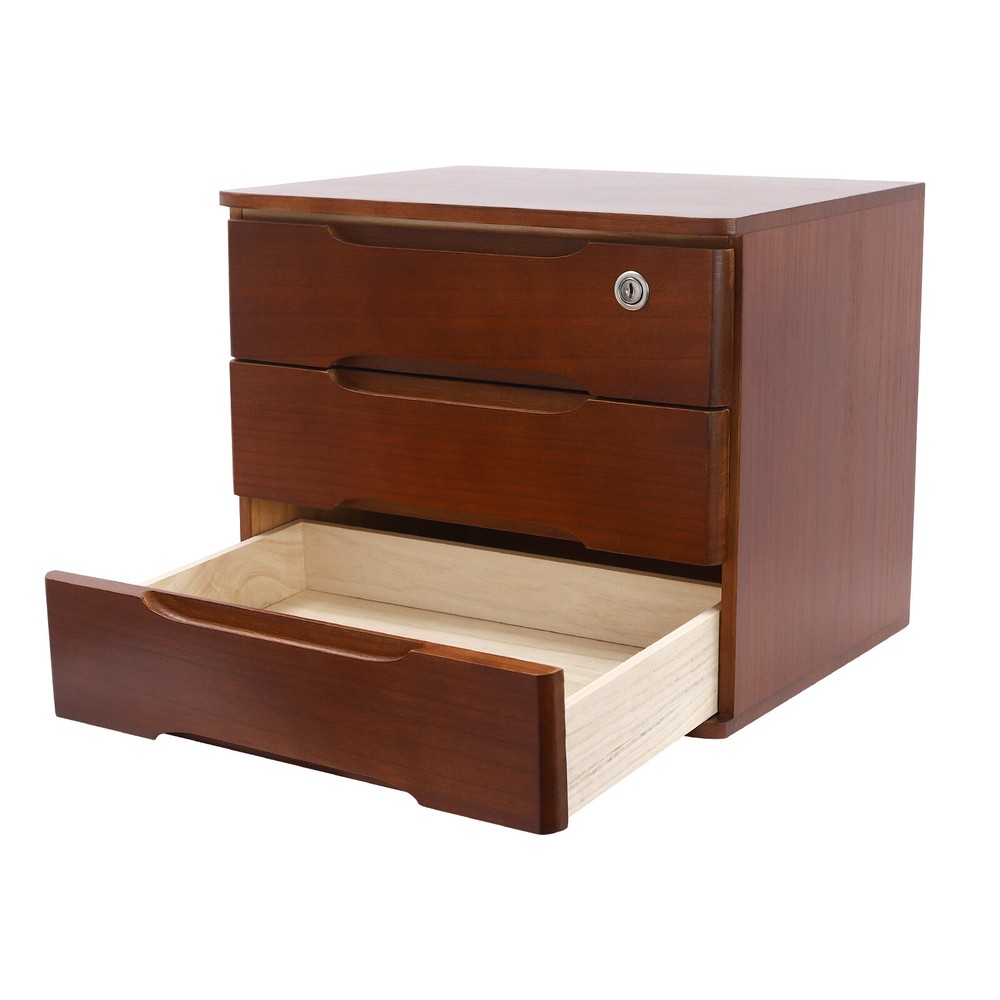 3-Tier File Cabinet Organizer Walnut Desktop Storage Box with Lockable 3 Drawers