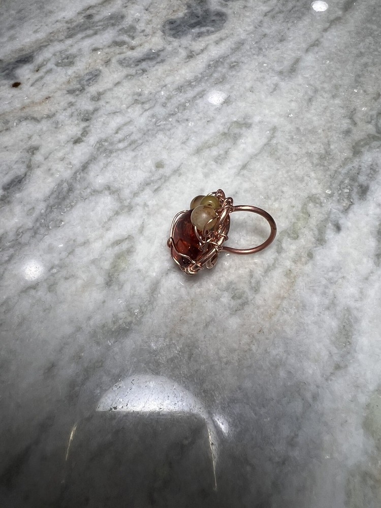 Artisan Hand Made Copper Ring With Amber, Size 6.5