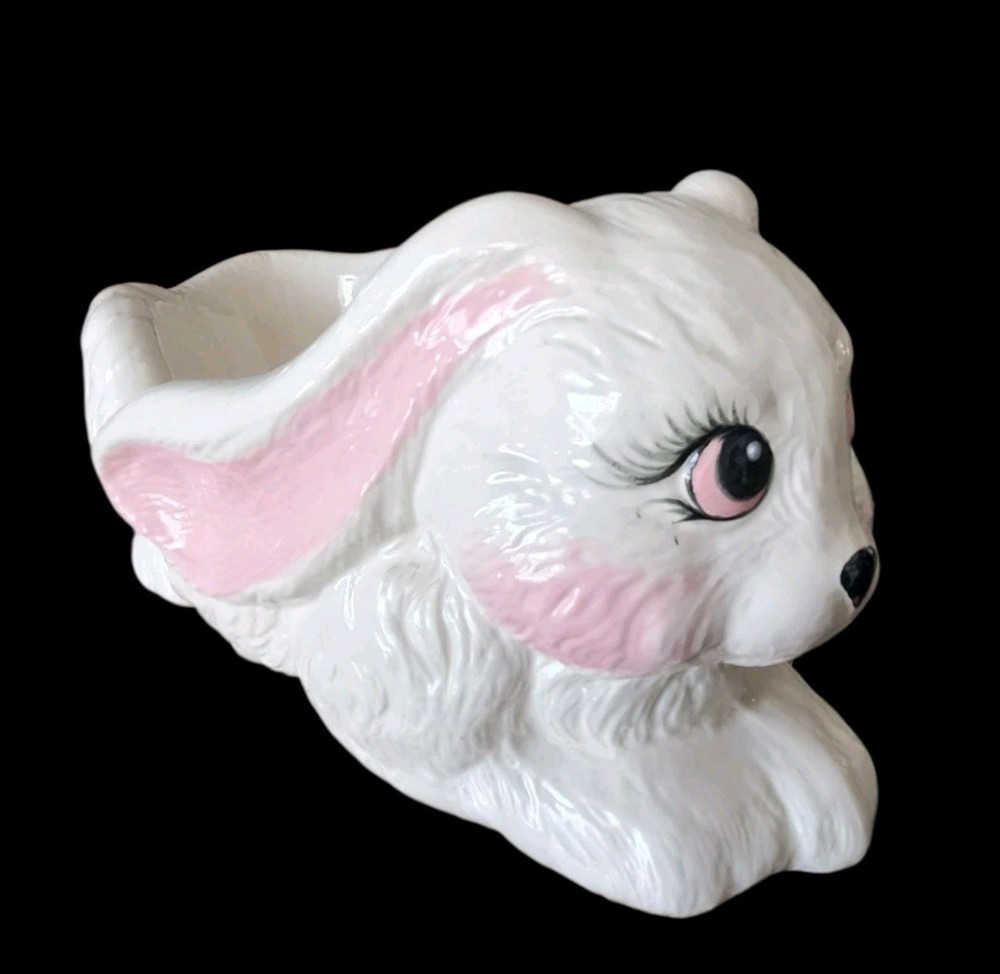 Vintage Easter Candy Dish Bunny Rabbit Big Eyes Ceramic Handpainted 1998
