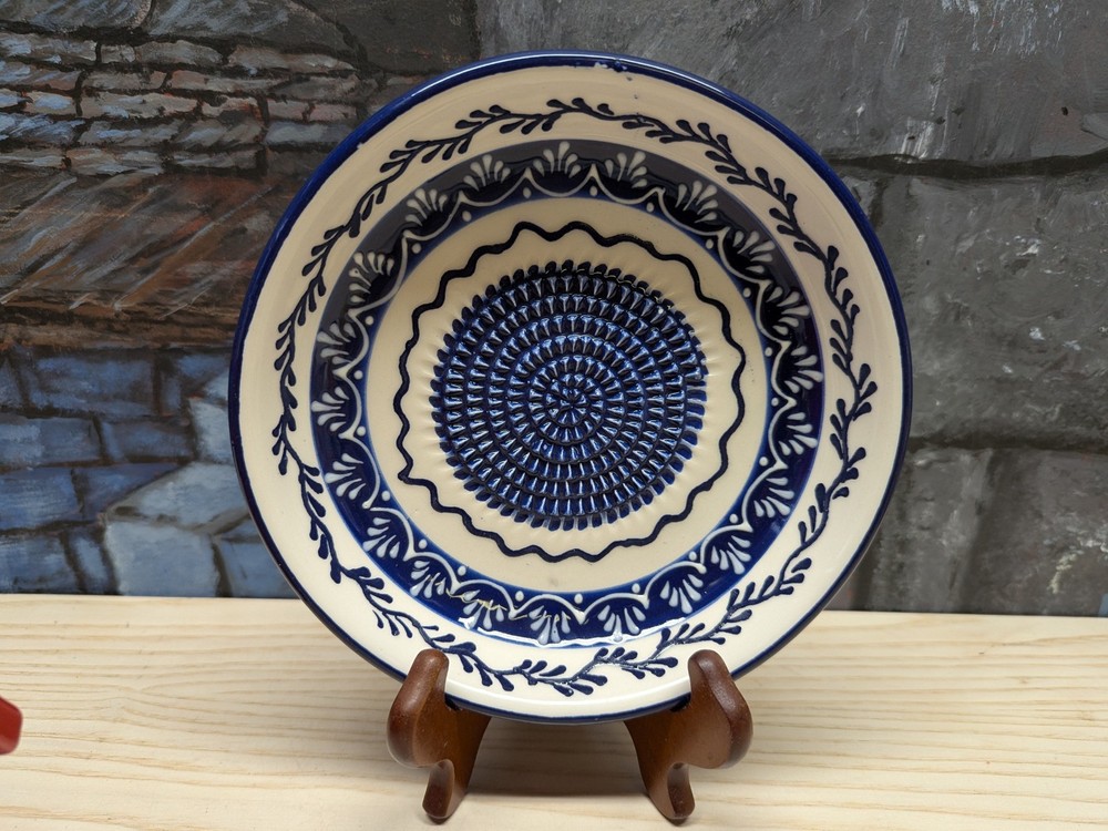 Handmade Ceramic Garlic Ginger Grater Plate Blue Glazed Pottery Kitchen Tool 7"