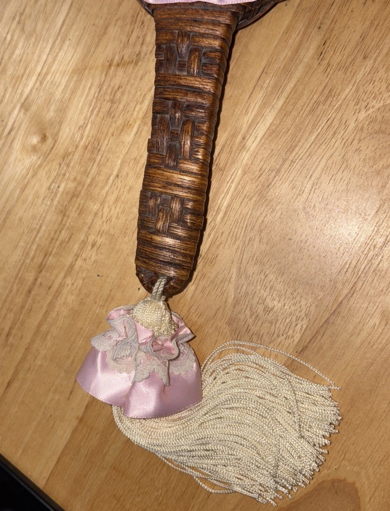 Vintage Wicker Mirror - Handheld - Pink Flower
