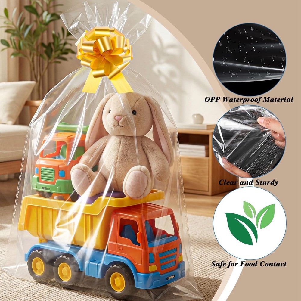 12 PCS Extra Large Cellophane Bags 40x50 Inch Easter Wrap 12 Pull Bows