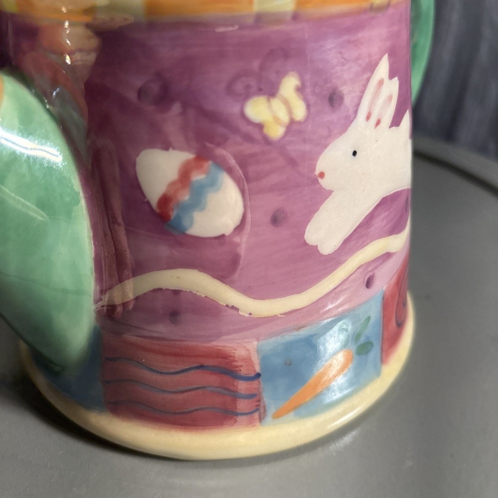 Vtg Watering Can or Planter 6.5" 2000 Palm Tree Ceramic Easter Bunny/Eggs Luster