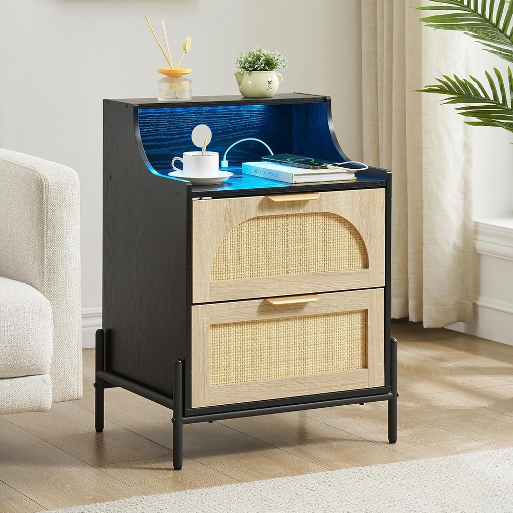 Rattan Nightstand with Charging Station & LED Lights Bedside Table End Table