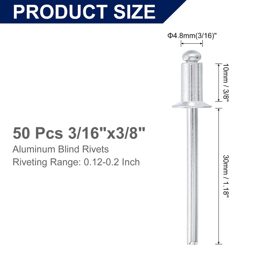 50Pcs 3/16"x3/8" Aluminum Blind Rivets, Countersunk Head Split Rivets, Silver