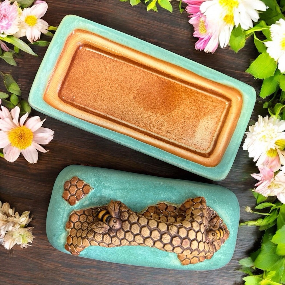 Signed Studio Pottery 3D Honeycomb Bees Butter Dish With Lid - Cottage Core