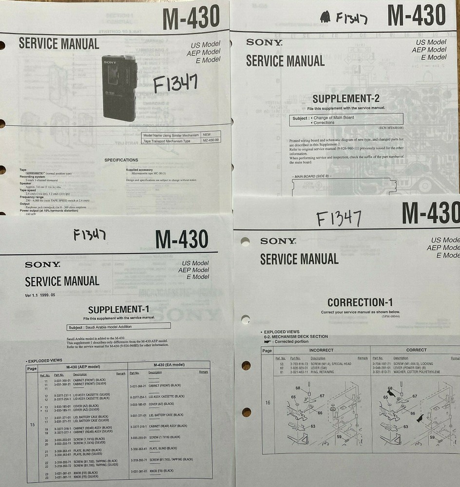 SONY M-430 MICROCASSETTE-CORDER ORIGINAL SERVICE MANUAL