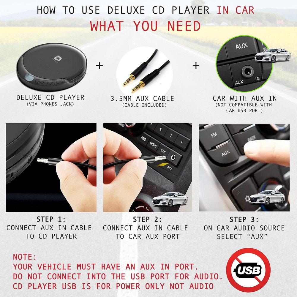 CD Player Portable with 60 Second Anti Skip Stereo Earbuds Includes Aux in Cable