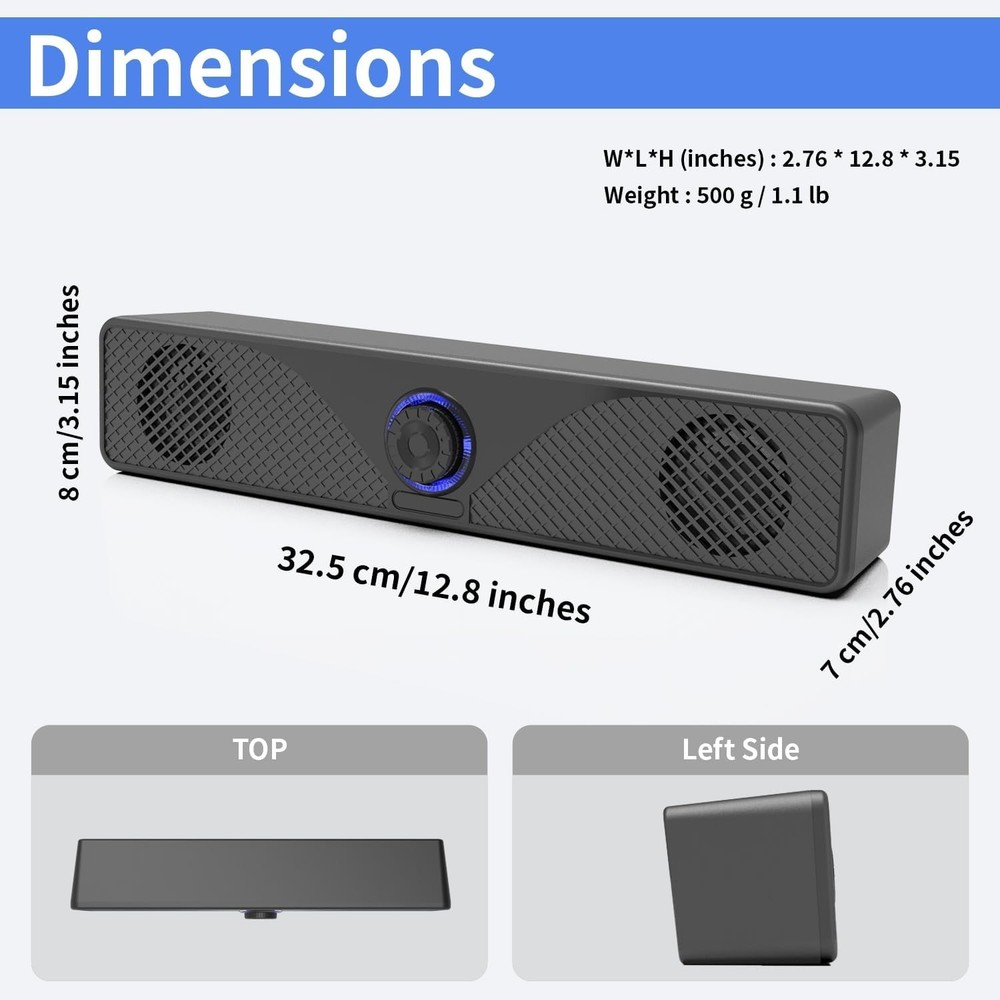 Computer Soundbar, USB Powered Wired PC Speakers with 3.5mm AUX, Basic & Clear S